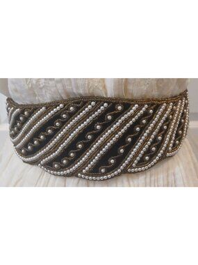 Black Velvet Belt W/ Gold & Pearl Beaded Design Stretch Rayon Satin 2 Hook #I-10